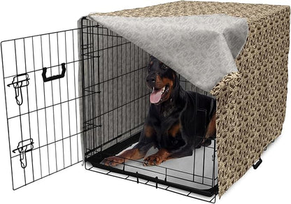 Lunarable Vintage Halloween Dog Crate Cover, Halloween Witch Hat Cauldron Fall Jack o' Lantern Black Cat, Easy to Use Pet Kennel Cover for Medium Large Dogs, 42 Inch, Pale Brown