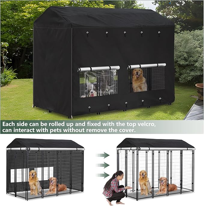 Outdoor Dog Kennel Cover 8'Dx4'Wx6'H Full Coverage Windproof Anti-UV.with Transparent PVC Window and Breathable Mesh.Waterproof Dog Kennel Cover for Multiple Brands of Dog Kennels,Cover Only.(Black)