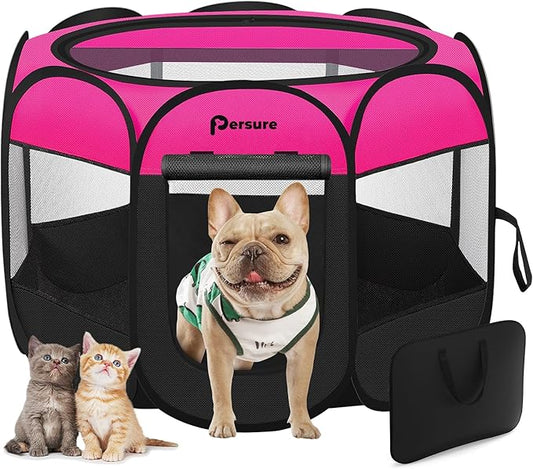 Dog Cat Playpen Indoor Outdoor for Puppy Pet Dog Cat Travel, Dog Enclosure Tent Crates Cage for Recovery After Surgery, Portable Pop Up Dog Kennel with Carrying Case (Rosy, Large)
