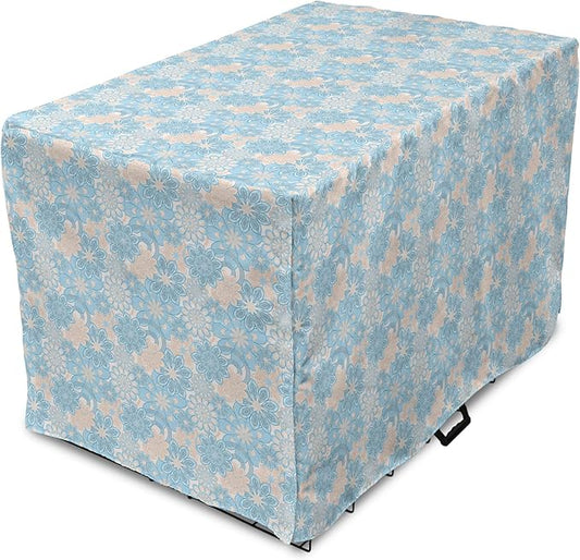Lunarable Yellow and Blue Dog Crate Cover, Gentle Spring Inspired Flourish Motifs Feminine Bouquet, Easy to Use Pet Kennel Cover for Cats & Medium Dogs, 30 Inch, Blue Grey