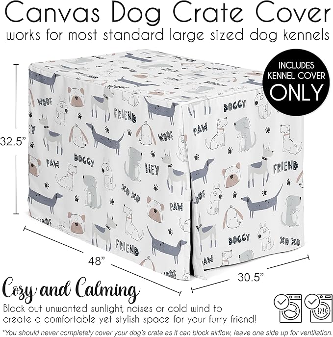 Sweet Jojo Designs Cartoon Puppy Print Dog Crate Cover – Kennel Covers for 48 Inch Pet Cage Large - Neutral Grey Taupe Blue White Modern Bulldog Wiener Doggy Paw Print Gray