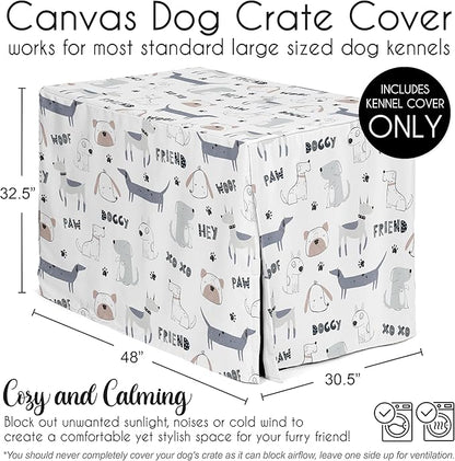 Sweet Jojo Designs Cartoon Puppy Print Dog Crate Cover – Kennel Covers for 48 Inch Pet Cage Large - Neutral Grey Taupe Blue White Modern Bulldog Wiener Doggy Paw Print Gray