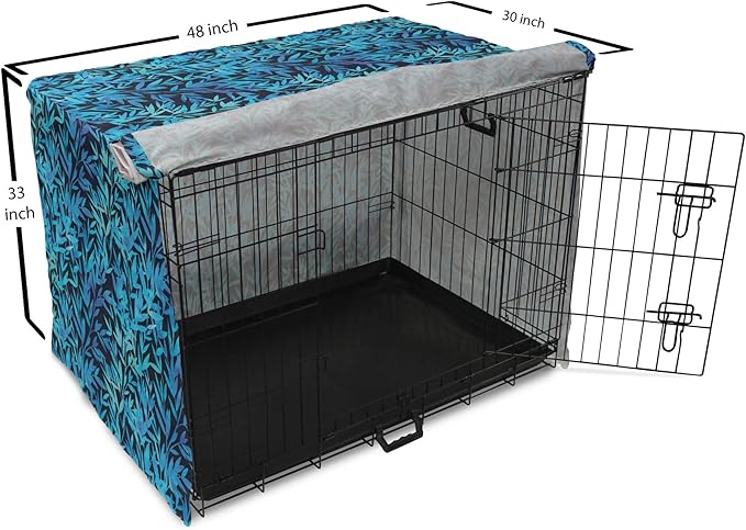 Lunarable Leaf Print Dog Crate Cover, Watercolor Hawaiian Inspired Nature Exotic Silhouettes on Dark Back, Easy to Use Pet Kennel Cover for Medium Large Dogs, 48 Inch, Violet Blue Turquoise