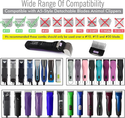 Professional A5 Style Animal Clipper Stainless Steel Color-Coded Snap-on Attachment Guard Guide Comb, 1/8"-1" Compatible with Wahl KM Series Oster A5 Andis Detachable Blade Pet Groomers (#8 - 1")