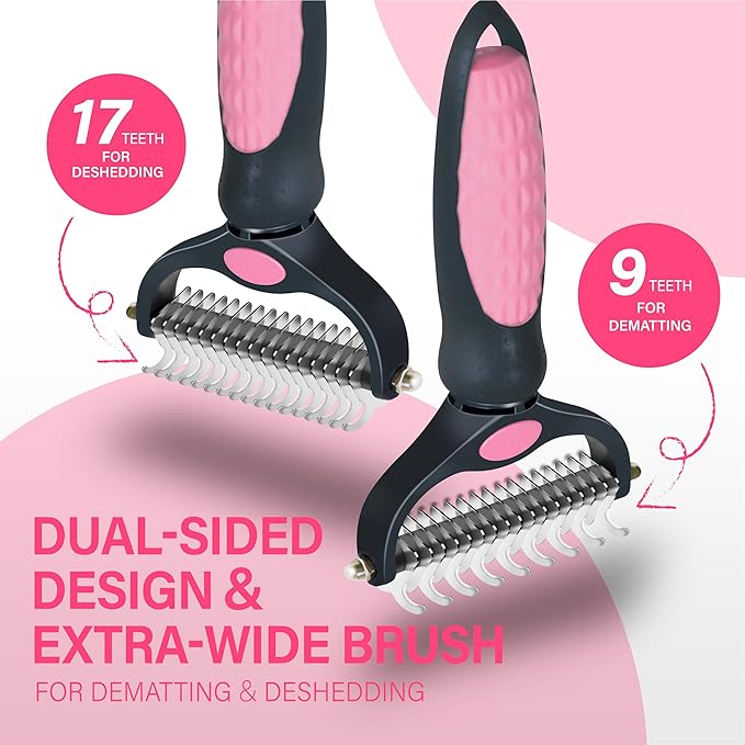 Pet Grooming Brush - Professional Undercoat Rake for Long-Haired Dogs & Cats, Extra Wide Double-Sided Stainless Steel Teeth for Removing Knots, Mats, and Tangles, Reduce Shedding by 95%, Pink