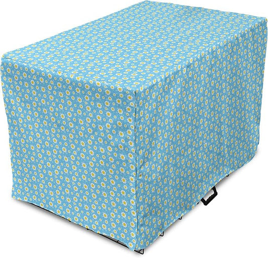 Lunarable Yellow and Blue Dog Crate Cover, Graphic Daisies Chamomiles Summer Nature Pattern with Dots, Easy to Use Pet Kennel Cover for Cats & Medium Dogs, 24 Inch, Aqua Marigold White