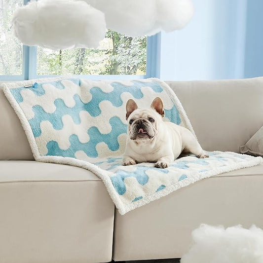 Lesure Waterproof Dog Blanket for Medium Dogs - Washable Double Sided Dog Blankets with Warm Jacquard Shag and Soft Sherpa Fleece, Pet Cat Blanket for Couch Protection, 3D Textured Wave, Blue