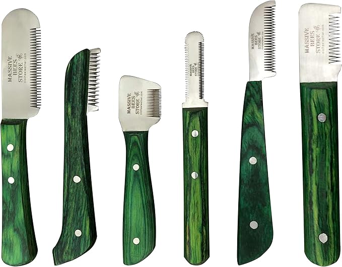Massive Bee Store® Dog Grooming Coat Stripping Knife Stripper Trimmer Tool Wooded Handle tripping Knives Set of 6 in Stainless Steel non slip tool for grooming dogs (Green)