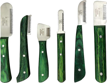 Massive Bee Store® Dog Grooming Coat Stripping Knife Stripper Trimmer Tool Wooded Handle tripping Knives Set of 6 in Stainless Steel non slip tool for grooming dogs (Green)