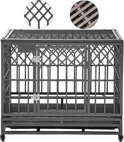 SMONTER Heavy Duty Dog Cage for Large Dog Strong Metal Kennel and Crate Pet Playpen with Three Doors, Four Wheels,38 Inch,Y Shape,Silver … … …