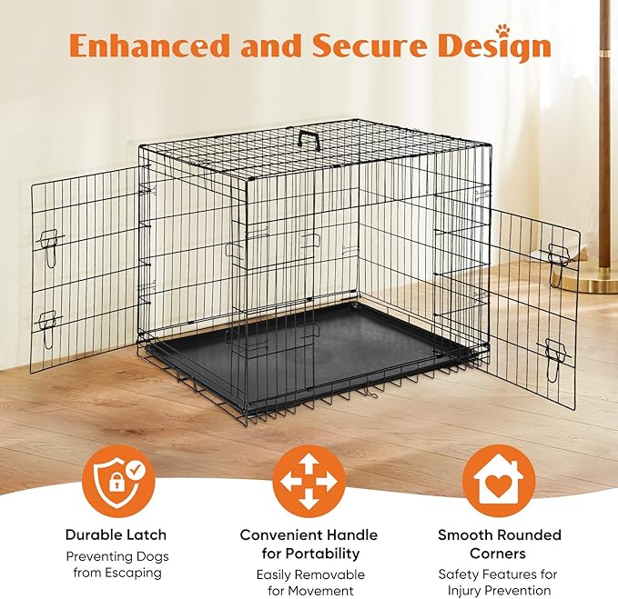 Sweetcrispy Dog Crate with Divider Panel, 48 Inch Double Door Folding Metal Wire Dog Cage with Plastic Leak-Proof Pan Tray, Extra Large Pet Kennel for Indoor, Outdoor, Travel