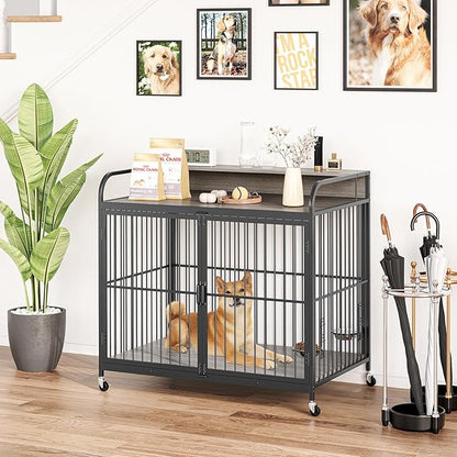 GAOMON Dog Crate Furniture, Dog Crate Indoor with Adjustable Height Bowls, Wooden Heavy Duty, 39.8 Inch Dog Kennel Furniture for Medium Dogs, 39.8" L X 22.5" W X 38.6" H,Grey