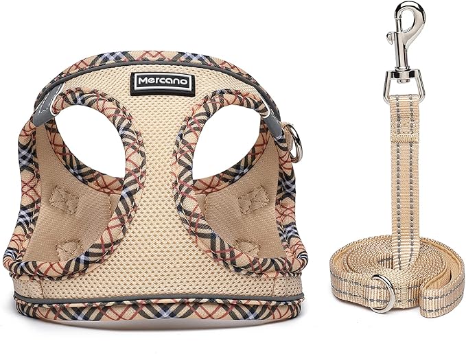 Mercano Soft Mesh Dog Harness and Leash Set, No-Chock Step-in Reflective Breathable Lightweight Easy Walk Escape Proof Vest Harnesses with Safety Buckle for Small Medium Dogs, Cats (Beige, XS)