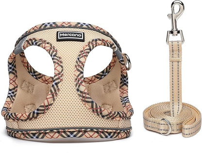 Mercano Soft Mesh Dog Harness and Leash Set, No-Chock Step-in Reflective Breathable Lightweight Easy Walk Escape Proof Vest Harnesses with Safety Buckle for Small Medium Dogs, Cats (Beige, XS)