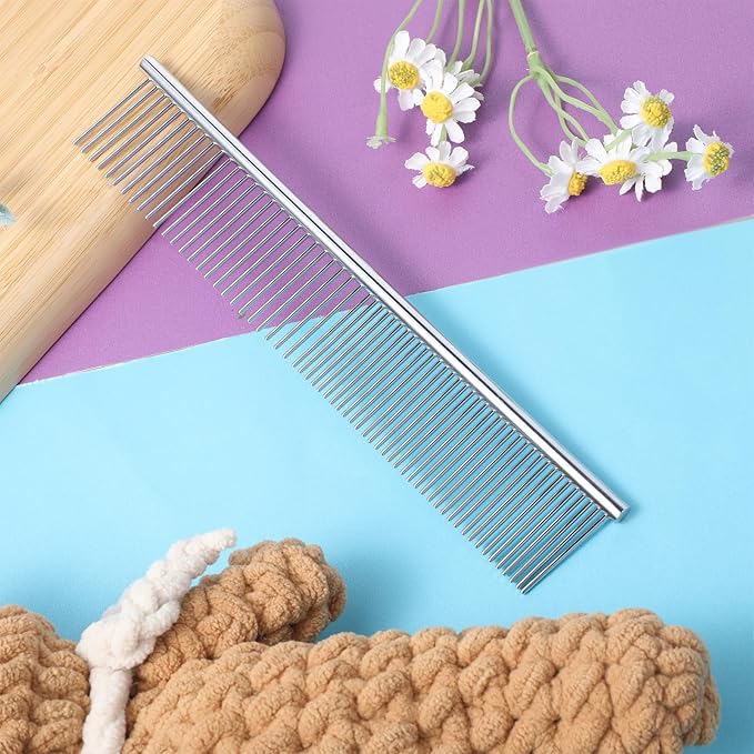 Stainless Steel Pet Grooming Comb with Rounded Ends, Metal Dog Combs for Grooming Matting Professional Dog Groomings Comb Detangler Deshedding Brush for Long Short Haired Dogs and Cats (7.4 Inches)