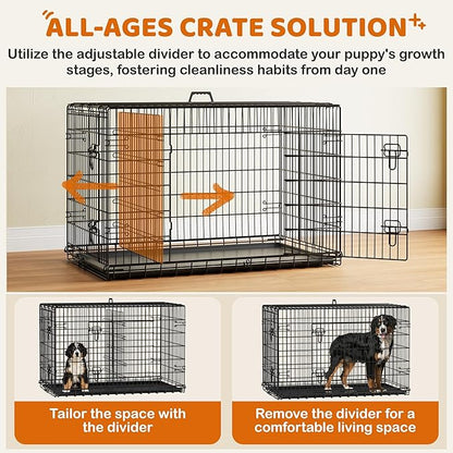 Yaheetech 48 inch Double Door Dog Crate w/Divider for Puppy to Adult Large Collapsible Metal Crate with Removable Tray XXL Wire Dog Kennel Pet Crate for Dogs Portable Travel Cage, Black