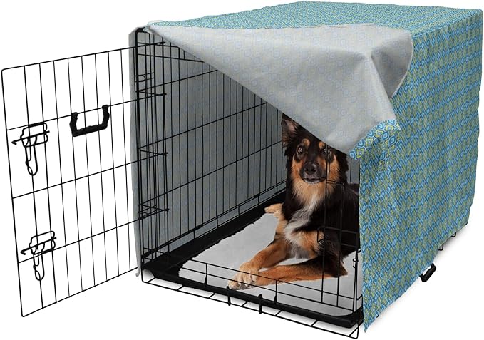 Lunarable Yellow and Blue Dog Crate Cover, Hand Drawn Abstract Ornament Rhombus Shapes Mosaic Vintage, Easy to Use Pet Kennel Cover for Medium Large Dogs, 36 Inch, Blue Aqua Yellow