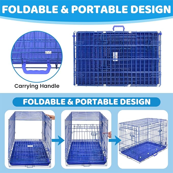 HOMEY PET Blue 30 Inch Dog Crate, Small Dog Kennel Indoor Collapsible Dog Cage Medium Sized Dog Nano-Coated Metal Wire Dog Crates with Removable Floor Grid and Tray, Double Doors Dual Locks, Handle