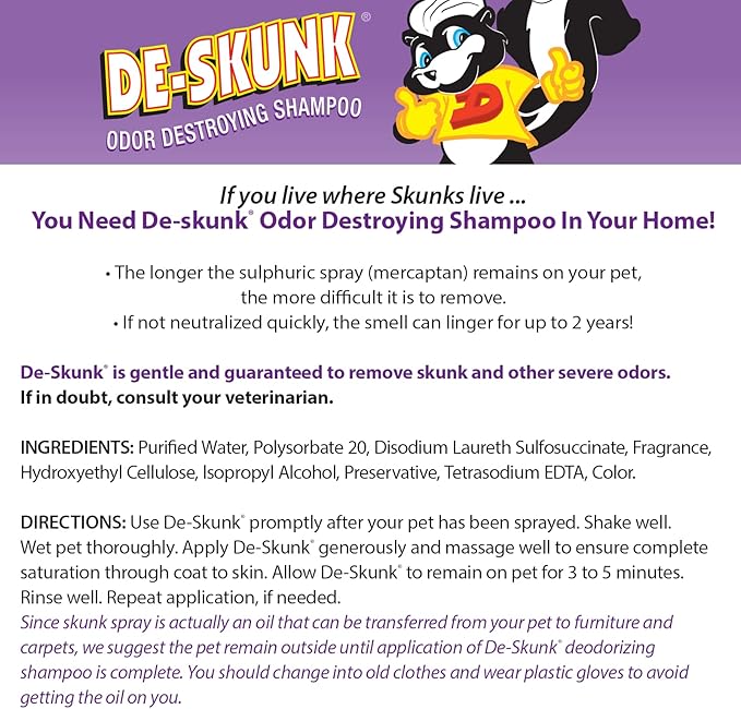 Odor Destroying Shampoo for Dogs, 32 oz. – Formulated with Powerful De-Greasers, Skunk Odor Remover for Pets, Carpet, Furniture and More – Removes Skunk Smell Fast