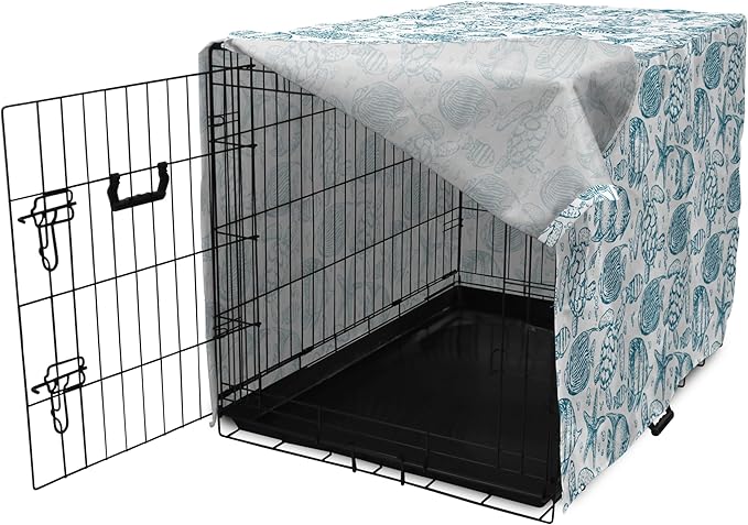 Lunarable Under The Sea Dog Crate Cover, Hand Drawn Sketch Art Style Fauna of The Sea Turtle Starfish and Fishes, Easy to Use Pet Kennel Cover for Medium Large Dogs, 42 Inch, Blue White