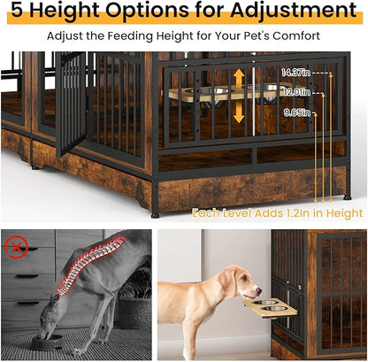 78 Inch Dog Crate Furniture with 4 Bowls, Double Dog Kennel Indoor with 360° Rotating and Adjustable Height Dog Bowl Holder, Brown Large Dog Wooden Crate with Divider for 2 Dogs
