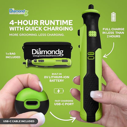 Rotary Tool for Dog Nail Grinding, Cordless, 8V Lithium Ion Battery, Lighted Tip, 4 Hour Run Time (Green)