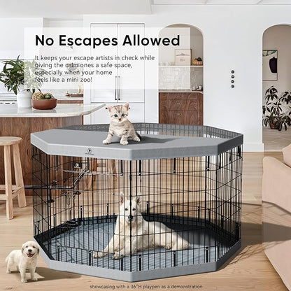 PJYuCien Puppy Playpen，8 Panels 36”H Dog Playpen with Gery Bottom Pad and Grey Top Cover，Metal Foldable Dog Exercise Pen for Indoor，Better for Small Pets,Grey