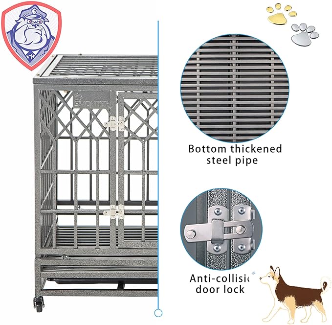 SMONTER Heavy Duty Dog Cage for Large Dog Strong Metal Kennel and Crate Pet Playpen with Three Doors, Four Wheels,38 Inch,Y Shape,Silver … … …
