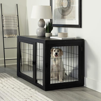 Furniture-Style Dog Crate - Acacia Wood Kennel for Large Dogs with Double Doors and Cushion - Dog Kennel Furniture by PETMAKER (Black)