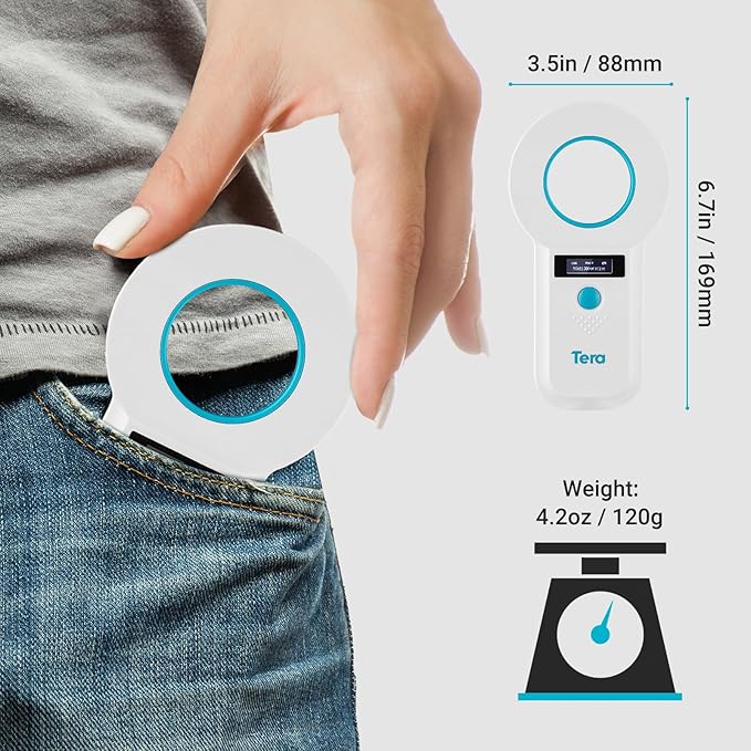 Tera Portable Pet Microchip Scanner: 3-in-1 BT Wireless 2.4G Wired USB Carrying Bag Animal Tag Reader with OLED Display Screen RFID Rechargeable Data Storage EMID FDX-B(ISO11784/85) for Dog Cat, W90B