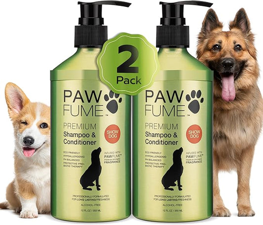 PAWFUME Deshedding Dog Shampoo and Conditioner, Show Dog, 2-Pack – Nourish & Detangle for Silky Soft Coat – Probiotic, Deep-Cleaning, pH-Balanced Formula – Salon-Quality Shampoo for Dogs