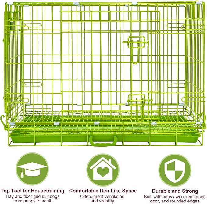 HOMEY PET 30 Inch Dog Kennel Indoor, Green Dog Cage for Small Dogs Foldable Dog Crates for Medium Dogs Nano-Coated Metal Wire Dog Crate with Removable Floor Grid Tray, Double Doors, Handle for Travel