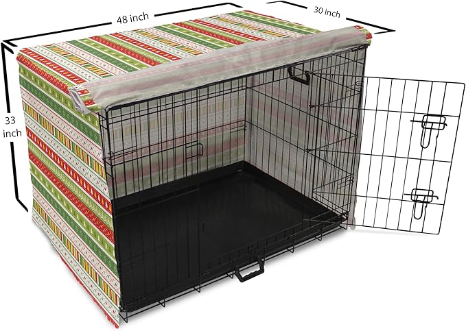 Ambesonne Christmas Dog Crate Cover, Traditional Winter Seasonal Borders Stars Bells Trees Stripes Print, Easy to Use Pet Kennel Cover for Medium Large Dogs, 48 Inch, Lime Green