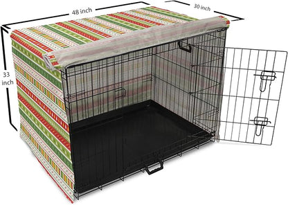 Ambesonne Christmas Dog Crate Cover, Traditional Winter Seasonal Borders Stars Bells Trees Stripes Print, Easy to Use Pet Kennel Cover for Medium Large Dogs, 48 Inch, Lime Green