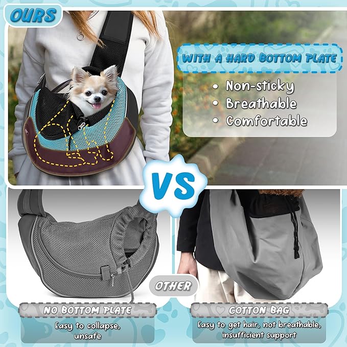 WOYYHO Dog Sling Carrier - Adjustable Strap,Hard Bottom,Large Zip Pocket,Breathable Mesh - Suitable for Puppies Outdoor Travel (Cyan S)