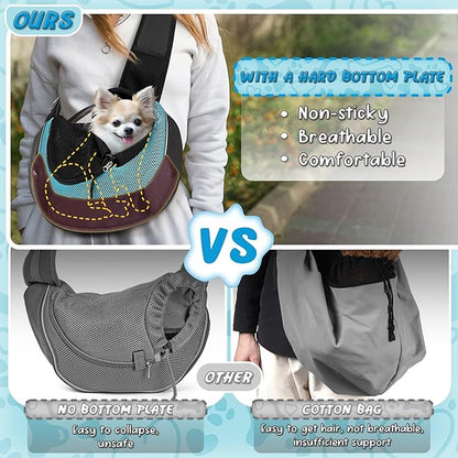 WOYYHO Dog Sling Carrier - Adjustable Strap,Hard Bottom,Large Zip Pocket,Breathable Mesh - Suitable for Puppies Outdoor Travel (Cyan S)