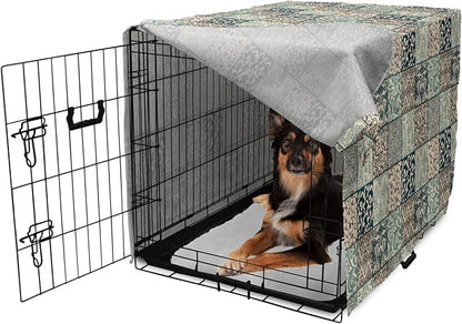 Lunarable Geometric Dog Crate Cover, Antique Mosaic with Victorian Garden Motifs Damask and Scroll Flower, Easy to Use Pet Kennel Cover for Medium Large Dogs, 36 Inch, Seafoam Brown Dark Blue