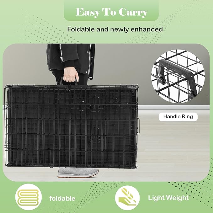 Furniture of America Yucca Metal Double Door Folding Wire Pet Crate with Divider, Removable Tray, and Handle for Outdoor and Indoor Medium Dog, 48-inch, Black