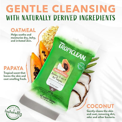 TropiClean Dog Wipes for Paws, Butt, Face, and Body, Anytime Cleaning and Deodorizing Pet Wipes, Safe for Licking, Papaya Scent, Cat Safe, 20ct