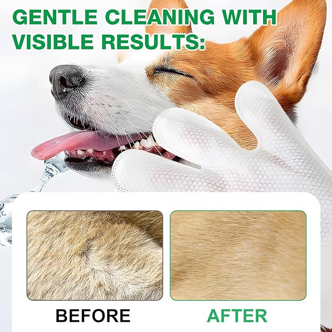 Pet Glove Wipes UNSCENTED for Dogs and Cats No-Rinse, Deodorizing, Grooming Gloves for Paws, Face, Butt, and Legs, Portable Travel-Friendly, Family Stockpile, 10 PCS Hypoallergenic Wipes
