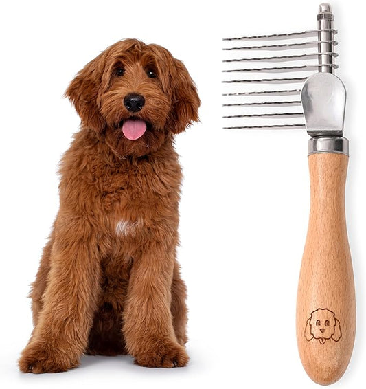 Pet Dematting Comb for Dogs and Cats with Wood Handle, Deshedding Undercoat Rake for Dogs with Stainless Steel Blades, Dog Comb for Detangling Thinning and Shedding [We Love Doodles] (Dematting Rake)