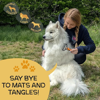 Pret & Lively 2 in 1 Pet Hair Dematting Tool Tough Mats and Tangles Undercoat Rake Comb Dogs Cats Rabbits Hairy Pets Holiday Gift Professional Grooming Brush For Deshedding Extra Wide (Orange)