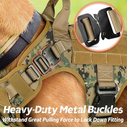 rabbitgoo Tactical Dog Harness for Large Dogs, Heavy Duty Dog Harness with Handle, No-Pull Service Dog Large Breed, Adjustable Military Dog Vest Harness for Training Hunting Walking, Brown Camo, S