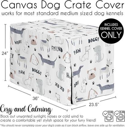 Sweet Jojo Designs Cartoon Puppy Print Dog Crate Cover – Kennel Covers for 36 Inch Pet Cage Medium - Neutral Grey Taupe Blue White Modern Bulldog Wiener Doggy Paw Print Gray