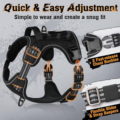 rabbitgoo Dog Harness for Large Dogs No Pull, Tactical Service Dog Vest with Molle and Control Handle, Adjustable and Reflective Military Pet Harness for Easy Walking and Training, Black, L