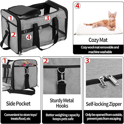 Soft Sided Cat/Dog Carrier,Collapsible Pets Travel Carriers for Pet/Puppy with Shoulder Strap & Removable Mat,Mesh Top Load Small Dogs/Cats Carry Bag Up to 17 Lbs TSA Airline Approved（Grey,M）