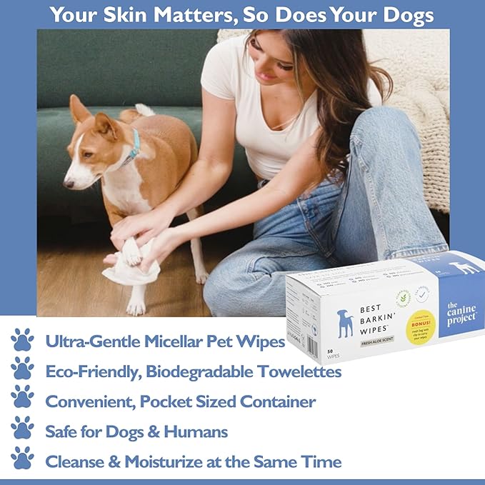 Best BARKIN' Wipes with Free Mesh Bag - Dog Wipes for Paws Ears and Butt - Micellar Aloe Scented Travel Friendly Puppy Wipes (50-Pack)