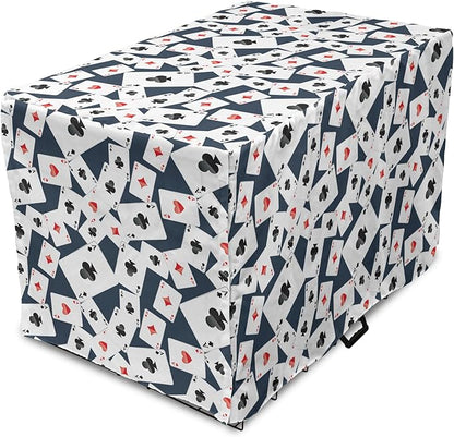 Lunarable Casino Dog Crate Cover, Realistic Style Random Scattered Playing Cards Leisure Time Hobby Games, Easy to Use Pet Kennel Cover for Cats & Medium Dogs, 24 Inch, Cadet Blue Black Red