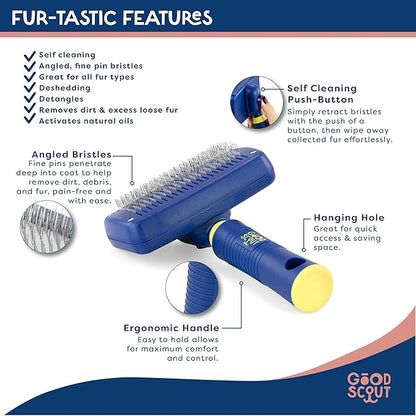 Good Scout Self-Cleaning Slicker Brush, Best Deshedding Tool for Dogs & Cats, Gentle, Safe & Effective Grooming Tool for Long & Short Haired Animals