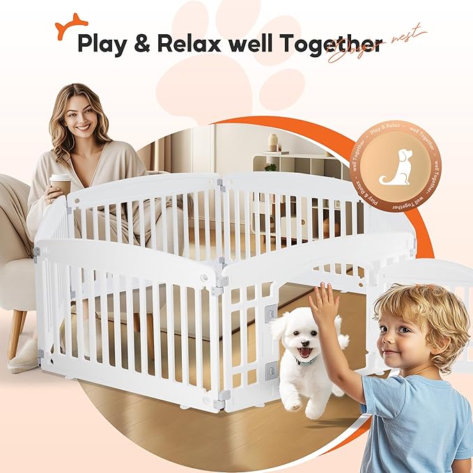 HealSmart 6 Panel 24" Plastic Dog Playpen, Folding & Portable Pet Playpen for Indoor & Outdoor Use, Safe & Secure Fence, Ideal for Small to Medium Dogs, White
